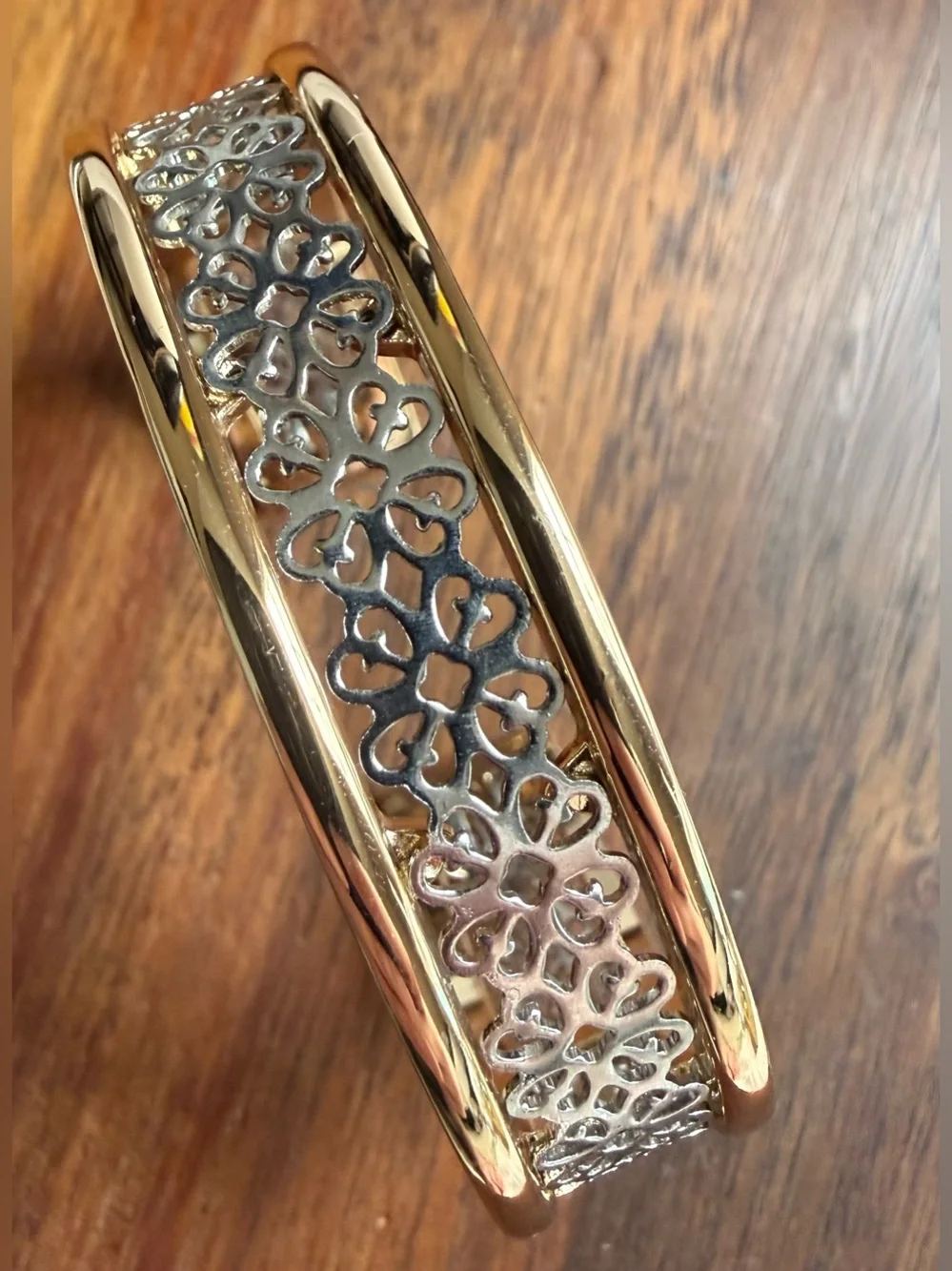 Avon Mixed Metal Silver and Gold-Tone Filigree Two-Tone Cuff Bracelet